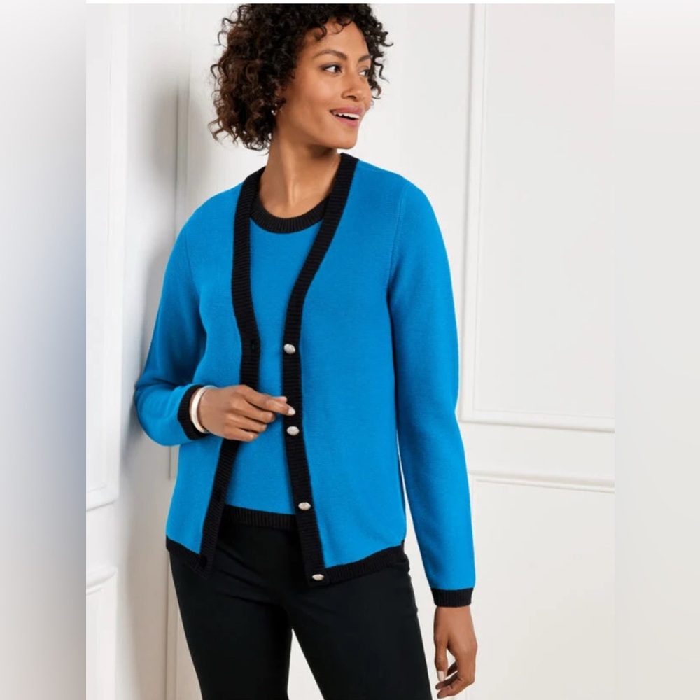 Talbots Contrast Trim Cardigan Sweater 2X Blue Black Workwear